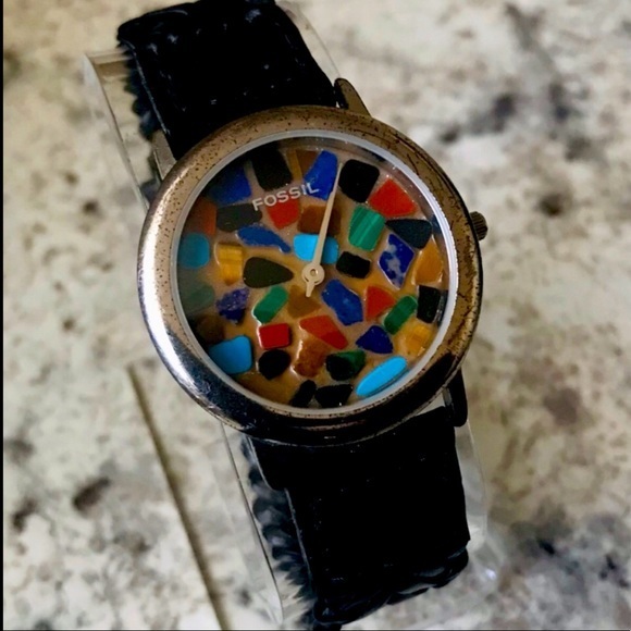 RARE 1992 LARGE CLAY FACE STAIN GLASS FOSSIL SC-5501(000601) WATCH - Picture 2 of 8